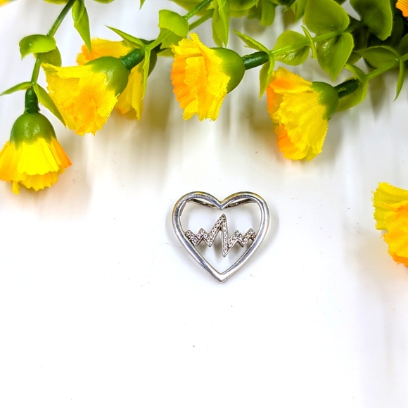 Jewelry - Heartbeat 925 Sterling Silver Signed and White Sapphire Vintage Pendant